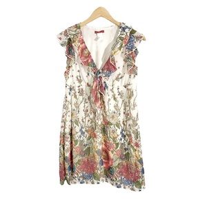 XI White With Colorful Sheer Floral Overlay Ruffle Neckline Mini Dress, Size M